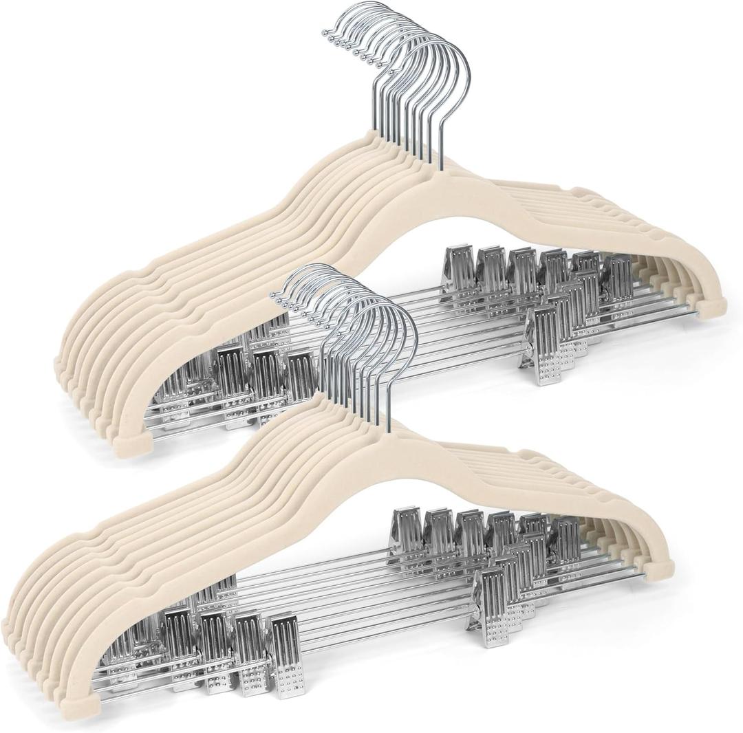 Sishynio Velvet Pants Hangers 20 Pack with Adjustable Clips, Space-Saving Slim Felt Clothes Hangers, Heavy Duty & Non-Slip Flocked Hangers for Pants, Skirts, Dresses and Jeans(Beige)