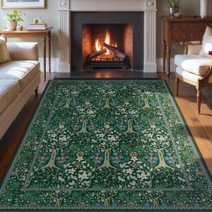 Joydeco Washable Rugs 5x7, Boho Dark Green Floral Bedroom Rug Non Slip, Soft Low-Pile Botanical Forest Indoor Floor Throw Carpet for Dining Table Living Room Playroom Dorm Home Office