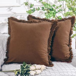 NEXHOME PRO Boho Throw Pillow Covers for Couch Set of 2 18"x18", Handmade Decorative Linen Pillow Covers for Bed, Sofa, Living Room, Farmhouse Fringed Cushion Covers, Fall Brown (NO Insert)