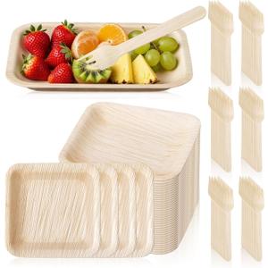 Potchen 50 Set 6 Inch Palm Leaf Plate Set Compostable Grease Resistant Square Plates and Wooden Forks Natural Disposable Biodegradable Dinnerware Tableware