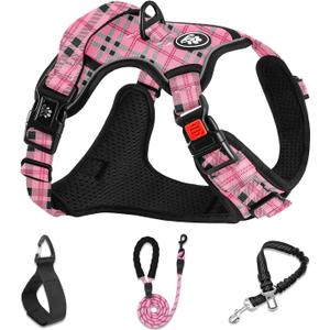 NESTROAD No Pull Dog Harness with Leash, Reflective No Choke Pet Vest Harness, Adjustable Soft Padded Dog Harness with Easy Control Handle for Large Dogs (Checkered Pink, Large) (L neck 15-19" chest 19-29")