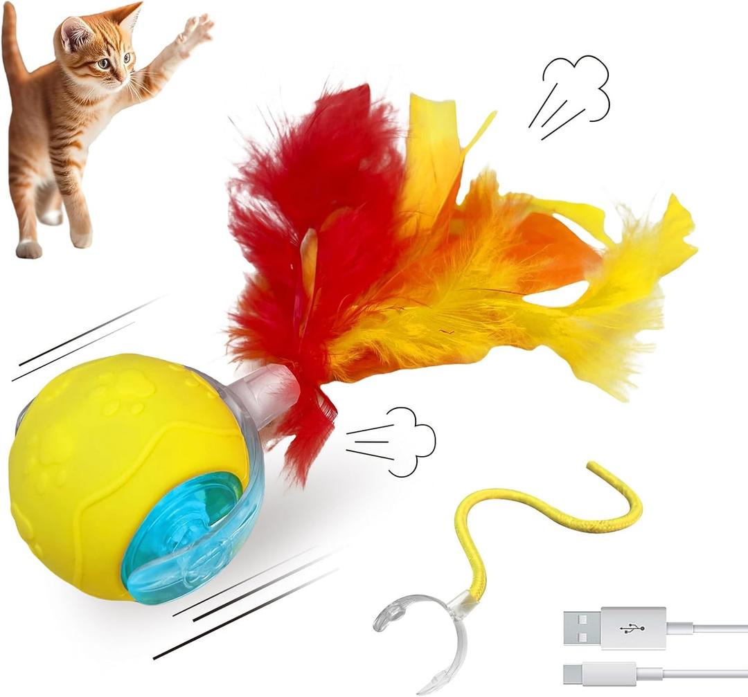 Automatic Cat Ball - Interactive Cat Toy with Feather Tail & Rechargeable Battery - Moving Play Ball for Indoor Cats to Reduce Boredom & Enrich Playtime, Yellow