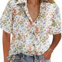 HOTOUCH Women Plus Size Short Sleeve Blouse Floral Linen Button Up Shirt Casual Button Down Shirt Cotton Tops Loose Fit, XXL