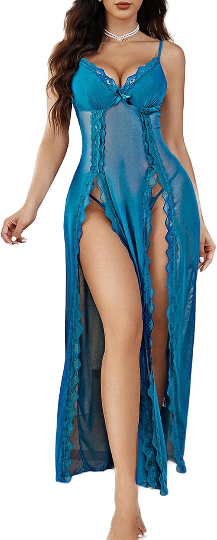 Avidlove Women Lingerie Lace Babydoll Chemise Sexy Mesh Nightdress V Neck Nightwear Side Split Nightgown (Small, Blue Green)