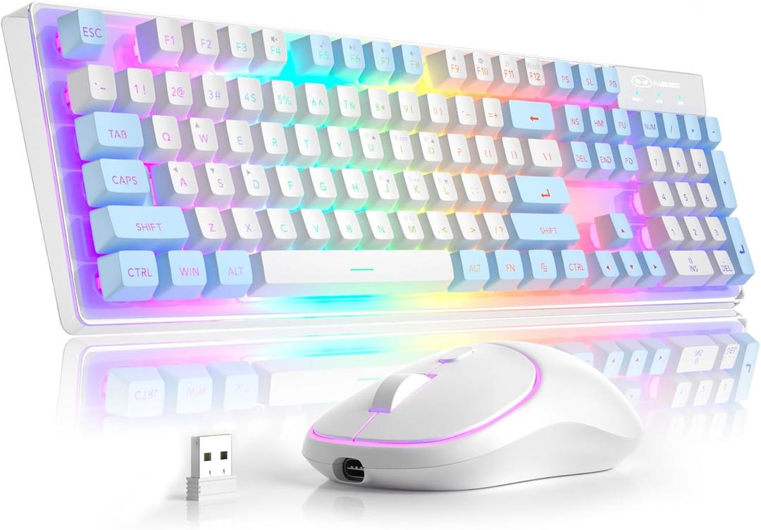 MageGee V550 Wireless Gaming Keyboard and Mouse, 2.4G Full-Sized RGB LED Computer Keyboards with Transparent Shell, Rechargeable Quiet Cordless Mouse & Keyboard Combo for Laptop/PC (Blue & White)