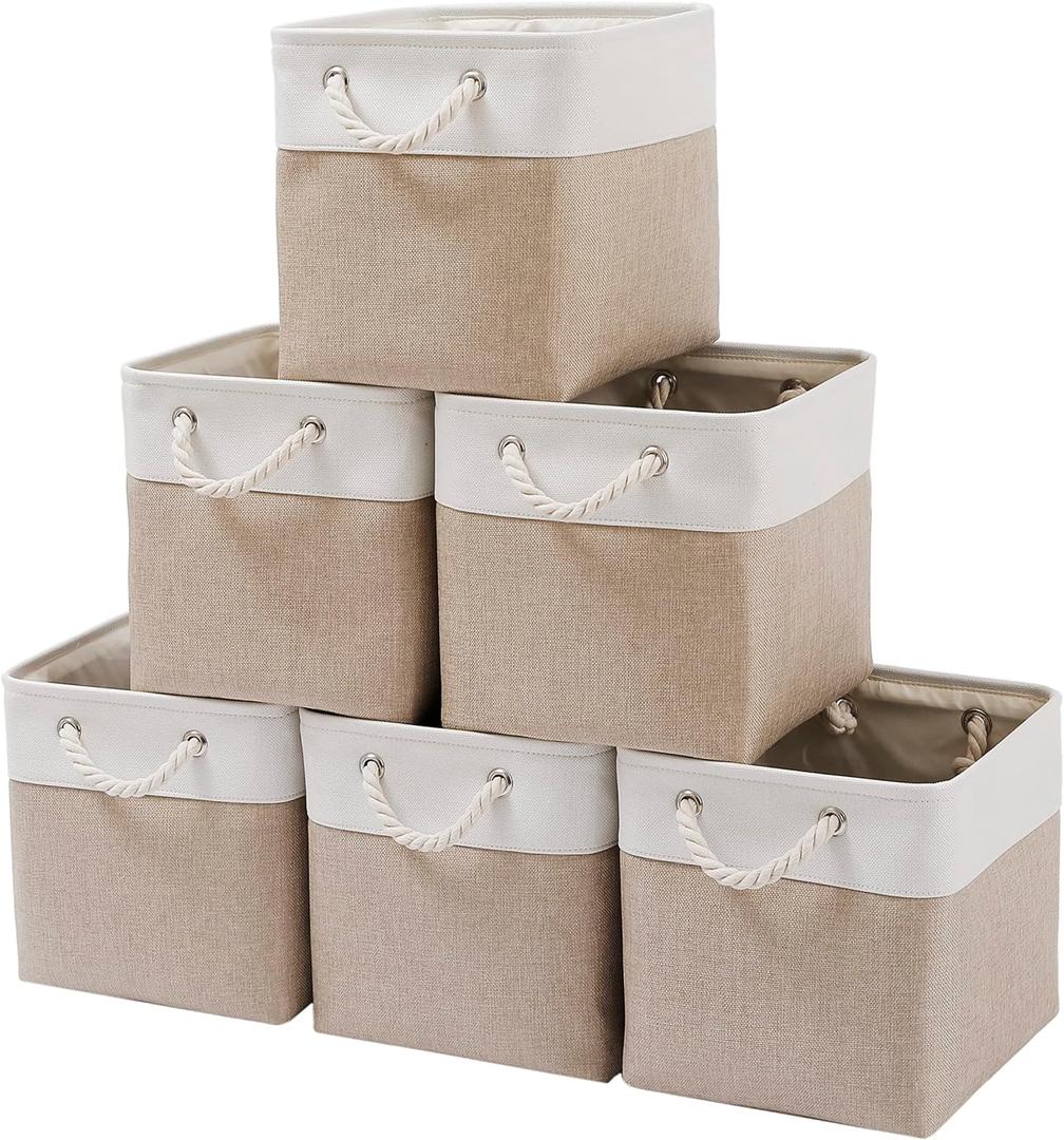 11 x 11 Inch Cube Storage Bins, 6 Pack Large Collapsible Fabric Storage Bin with Ropes, Foldable Storage Cubes for Home, Office,Closet, Clothes, Toys Organizer (White & Beige-11"x11"x11")