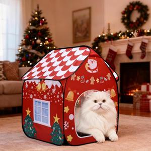 LUCKITTY Christmas Folding Cat House (19x19x25in) Indoor - Festive Pet Tent Cabin, Portable Kitty Play & Sleep Shelter