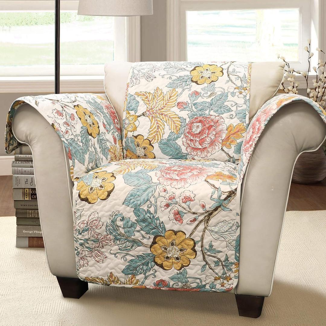 Lush Decor Sydney Furniture Protector, Arm Chair, 71" W x 75" L, Blue & Yellow - Flower Leaf Garden - Quilted Floral Chair Cover - Country Cottage Slipcover - Pet Protector For Chair