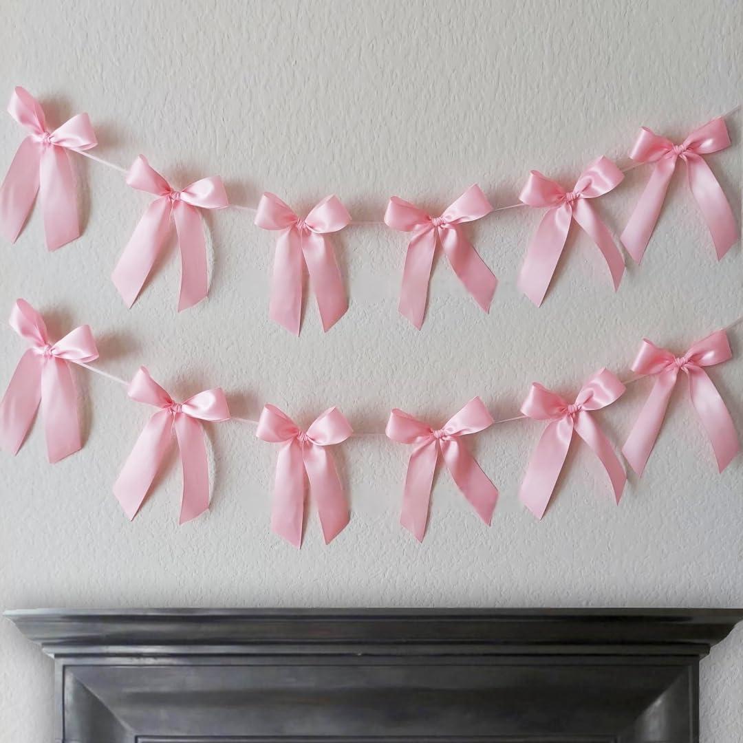 Pink Bow Hanging Garlands, 2pcs Satin Ribbon Bowtie Banners, Bow Knot Party Hanging Swirls Streamers Decorations for Girls Coquette Birthday, Wedding, Bridal Shower, Engagement Supplies
