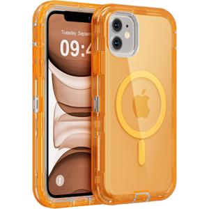 for iPhone 11 Case, Compatible with MagSafe, Heavy Duty Shockproof Protection Phone Cases, Anti-Drop, Dual Layer Transparent Magnetic Phone Case for iPhone 11, 6.1", Orange