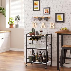 TUTOTAK Bar Cart - Serving Cart for Home - Microwave Cart, Drink Cart, Mobile Kitchen Shelf with Wine Rack and Glass Holder, Rolling Beverage Cart BC01BM030, 13"D x 23.7"W x 32.7"H