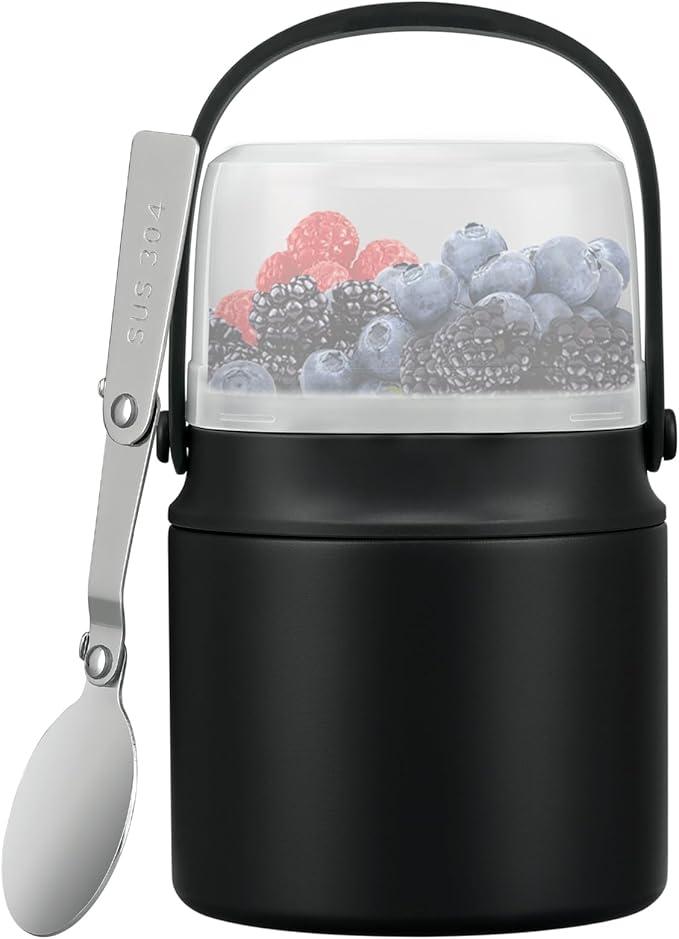 2-in-1 Insulated Food Jar with a Snack Container - 15oz Kids Soup Thermos for Hot Food with Handle and Spoon, Leak Proof Bento Lunch Box Kids, Perfect for School & Travel, Black