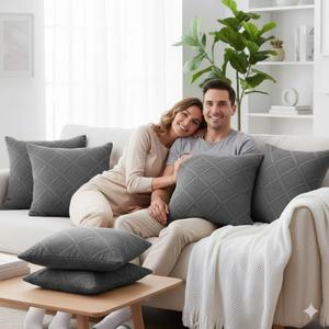 BOV Textured Throw Pillow Covers – Organic Modern & Vintage Decorative Pillow Covers for Sofa, Couch, and Outdoor Use – Charcoal, Neutral, and Gingham Patterns – Set of 2
