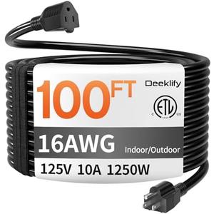 Deeklify 16/3 100 FT Black Outdoor Extension Cord Waterproof, Black 16 Gauge Extension Cord Flexible and Cold Resistant 3 Prong Grounded Plug,10Amp 1250W SJTW ETL Listed
