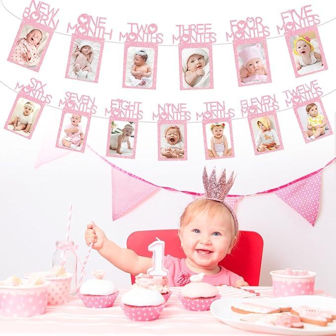 1st Birthday Baby Photo Banner for Newborn to 12 Months, Monthly Milestone Photograph Bunting Garland, Monthly Photo Banner for Baby Boys Girls First Birthday Party Celebration Decoration (Pink