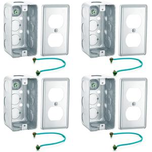 4 Set 4 x 2 Metal Electrical Box Outlet Box Duplex Receptacle Ten 1/2" Knockouts 1-1/2" Deep 21.0 Cu. in. Capacity with Exposed Work Cover Grounding Wire and Screw Junction Boxes Galvanized
