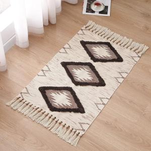 Boho Bathroom Rugs 2x3ft Farmhouse Bath Runner Rug, Small Tufted Cotton Accent Floor Mat with Tassels, Brown