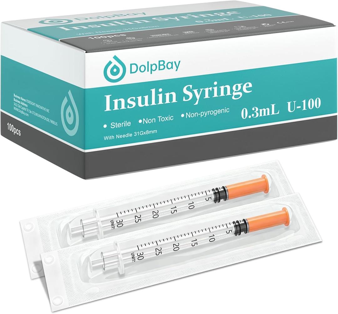 Insulin Syringe with Needle, 31G 0.3cc 5/16-Inch (8mm), Box of 100