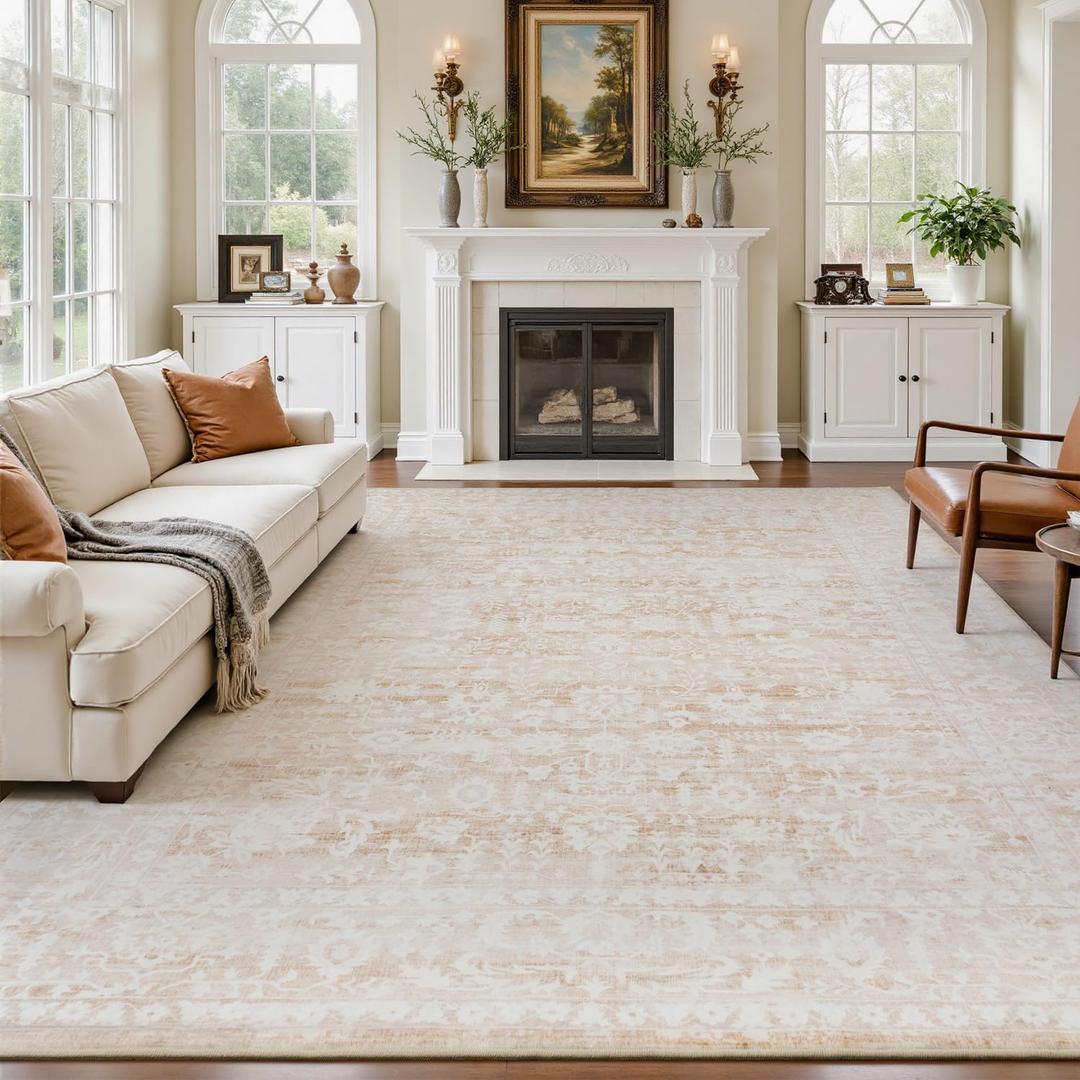 Beige 8x10 Area Rugs for Living Room, Floral Vintage Washable Rug for Bedroom, Distressed Neutral Non Slip Soft Print Floor Carpet for Dining Room Nursery Home Office