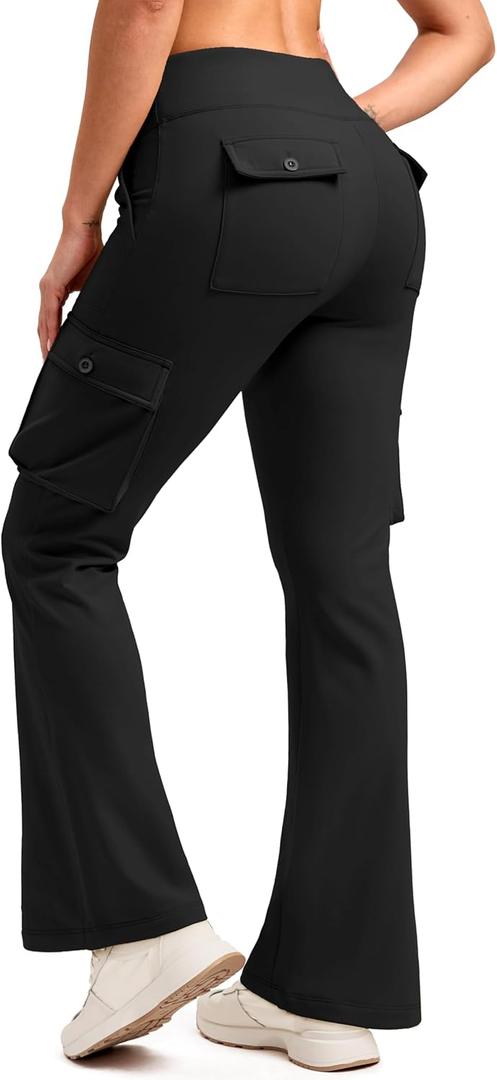 G Gradual Women's Fleece Lined Cargo Pants 6 Pockets Bootcut Water Resistant Winter Flare Leggings for Work, Hiking, Travel (Black, 28" Height: 5'2" or under, S)
