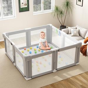 Foldable Baby Playpen, 51" Playpen for Babies and Toddlers with Mat Ocean Balls and Pull Links, Play Pen with Soft Breathable and Visible Mesh, Indoor and Outdoor Portable Play Pen, Gray