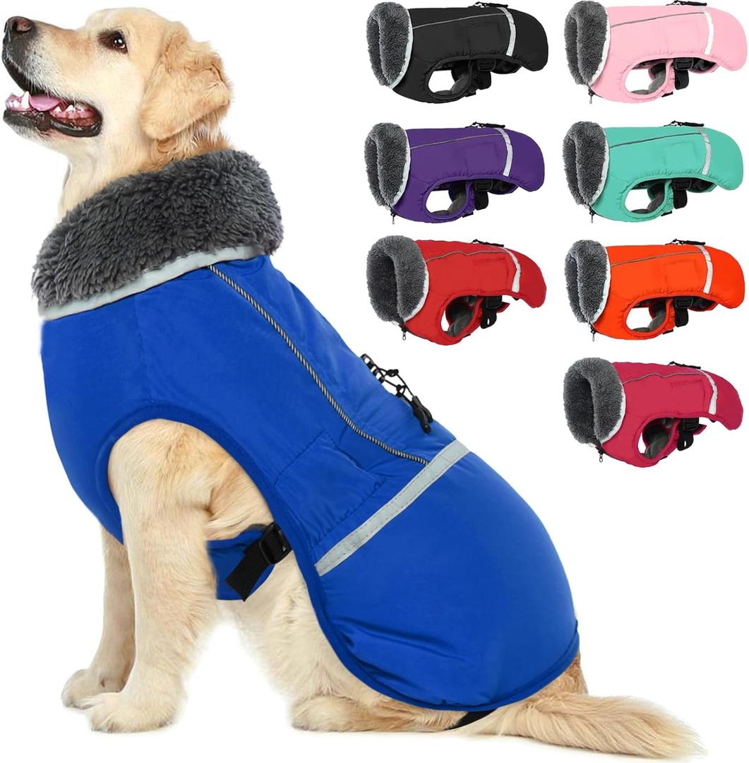QBLEEV Warm Dog Coat - Reflective Jacket, Waterproof Coat With Turtleneck for Cold Weather, Thick Fleece Dogsnowsuit Christmas Vest - Large (Blue)