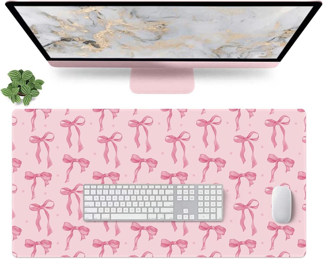 Pink Desk Mat with Bows, Cute Mouse Pad for Computer Laptop PC Non-Slip Rubber Base Gaming Keyboard Pad, Large Office Mat Girly Dcor Office Supplies Desk Accessories for Teen Girls Women 31.5 x 15.7