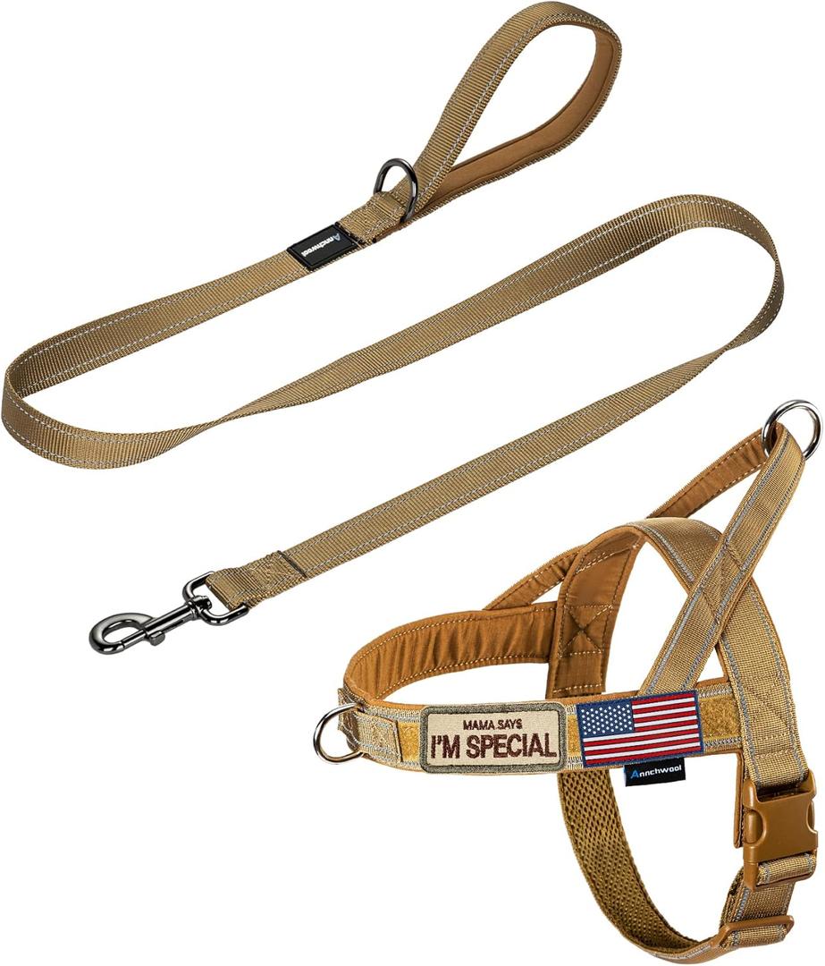 Annchwool No Pull Dog Harness with Padded Handle+5 Ft Leash,Reflective Strip Escape Proof and Quick Fit to Adjust Dog Harness,Easy for Training Walking for Small & Medium and Large Dogs(Brown-Set,M)