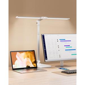 LED Desk Lamp for Office Home, Height Adjustable Architect Desk Light with USB Adapter, Stepless Dimming 50 Lighting Modes, Eye Caring Double Head Computer Desk Lamp for Reading, Study, Workbench (Standard, White)