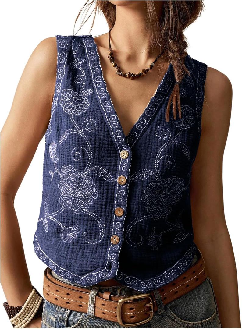 Verdusa Women's Western Outfit Cowgirl Embroidered Vest Tops Button Floral Boho Tank Top (Dark Blue, Medium)