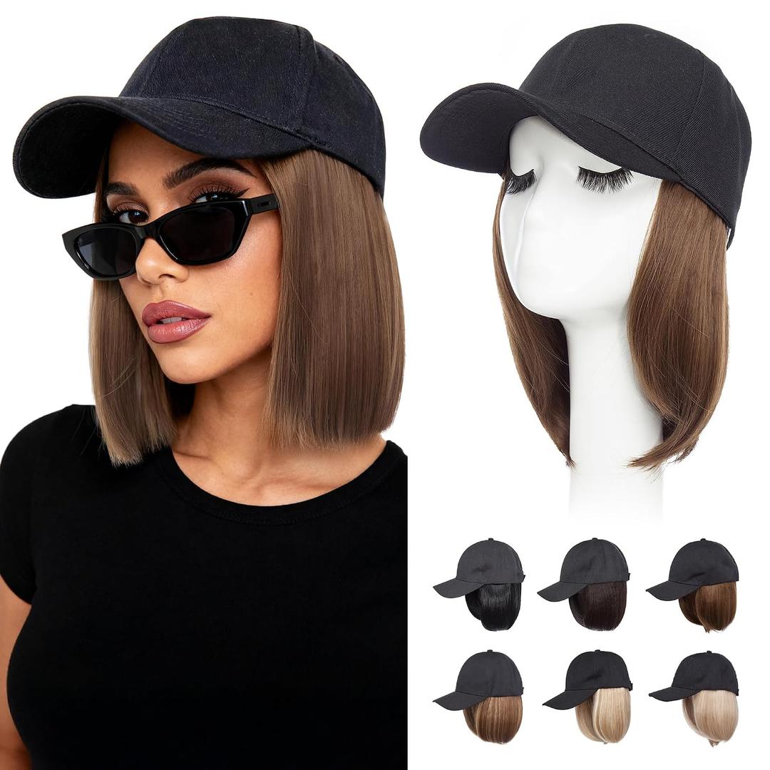 S-noilite Hat Wig for Women, Baseball Cap Hat Wigs with Short BOB Hair Attached Synthetic Hair Extensions Adjustable Medium Brown
