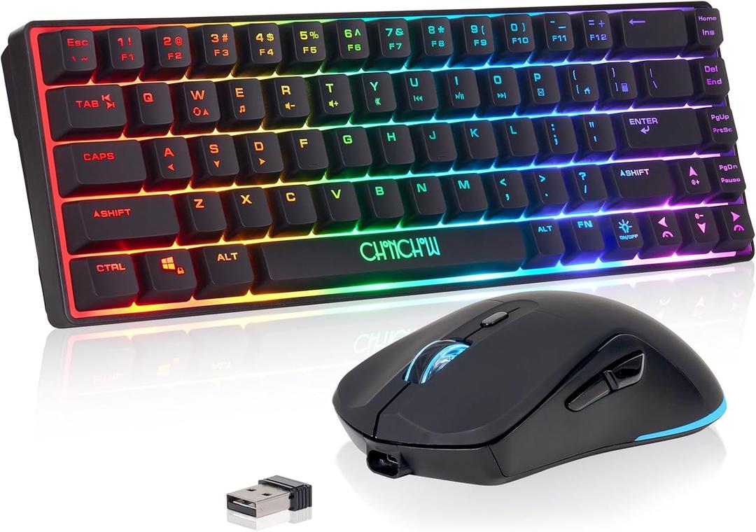 CHONCHOW 60% Wireless Gaming Keyboard and Mouse Combo, RGB Backlit Rechargeable LED Light Up Keyboards,Wireless Gaming Mouse and Keyboard for Xbox PS4 PS5 PC Laptop -Black