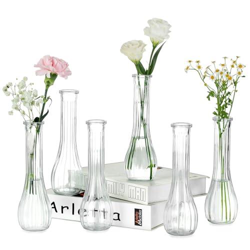 NUPTIO Glass Bud Vases Centerpiece: 6 Pcs Small Flower Vase for Wedding in Bulk - Cute Clear Ribbed Vase for Party Events Home Table Decor