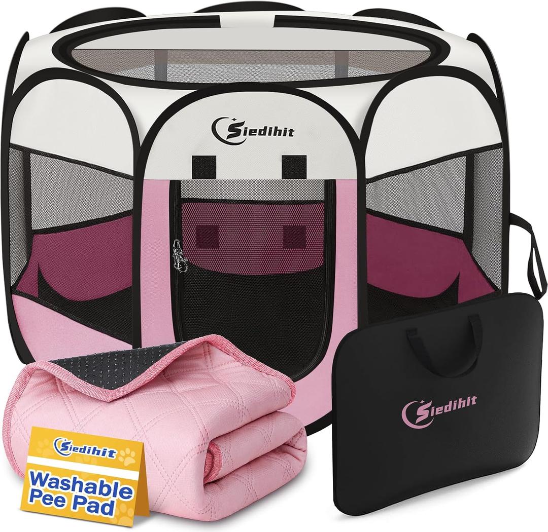 Siedihit Pink Playpen for Large Dog Cat, Dogs Tent Crate Cage Indoor/Outdoor, Portable Pop Up Dog Kennel with Carrying Bag for Rabbits, Removable Top (Pink with Pad, Large)