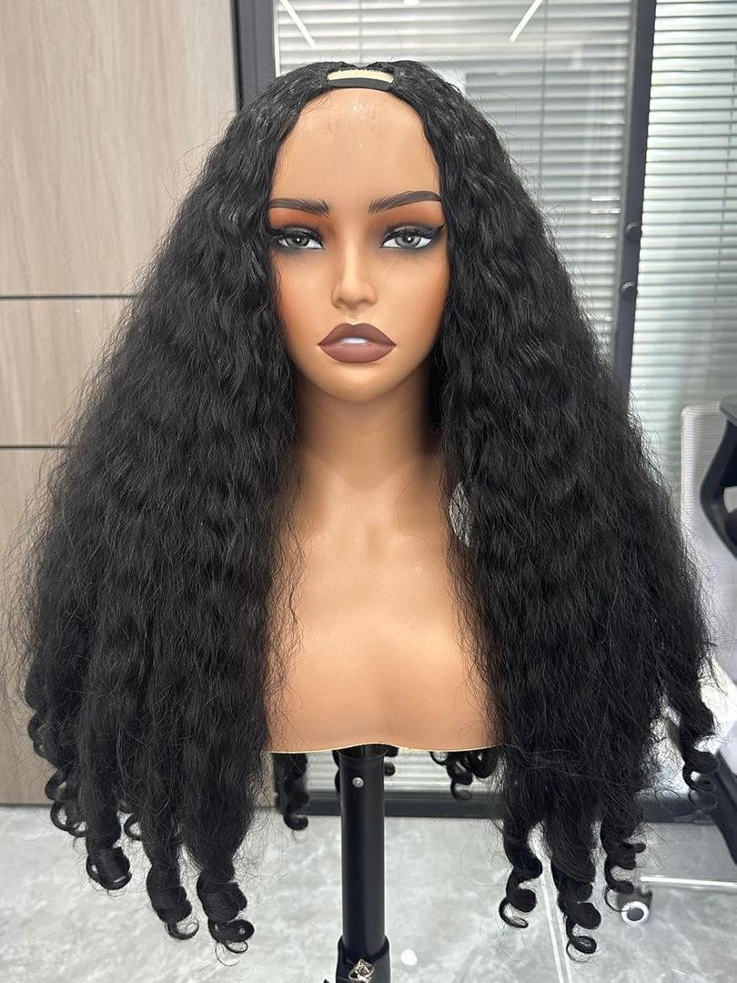 PREMPO Afro Wig V Part Kinky Curly Wigs for Black Women, 180% Density Wear and Go Glueless Wig with Unique Bouncy Curls in the End, Synthetic No Leave out Clip in (#1B Black wig, 24 Inch)