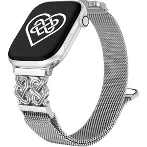 Celtic Knot Metal Band Compatible with Apple Watch Bands for Women 38/40/41/42/44/45/46/49mm Stainless Steel Magnetic Loop Mesh Strap for iWatch SE Series 11/10/9/8/7/6/5/4/3/2/1/Ultra(1/2) (Silver)