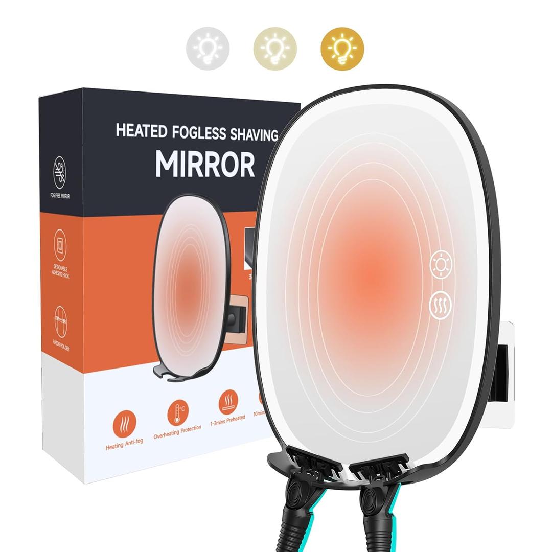 Heated Shower Mirror Fogless for Shaving, Lighted Shaving Mirror with 2 Razor Holders, 5000mAh Rechargeable No Fog Mirror for Shower with Light, Black Adhesive Steam Free Shower Mirror 360Rotation
