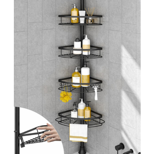 SEIRIONE Corner Shower Caddy Tension Pole, Rustproof Bathroom Shower Organizer Corner, 4Tier Adjustable Bathroom Shelf, Solid Rack Ideal for Bathtub Storage, 34 to 116 Inch Height, Black