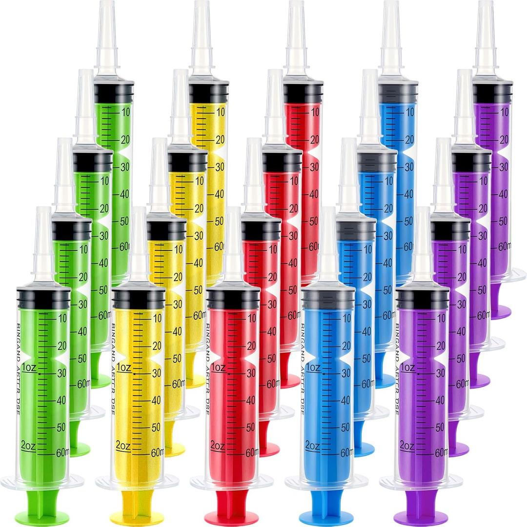 20pcs 60ml Colorful Plastic Syringe for Liquid Measuring Syringes Without Needle with Cap, Sterile, Craft, Feeding Pets, Scientific Labs, Individually Wrapped