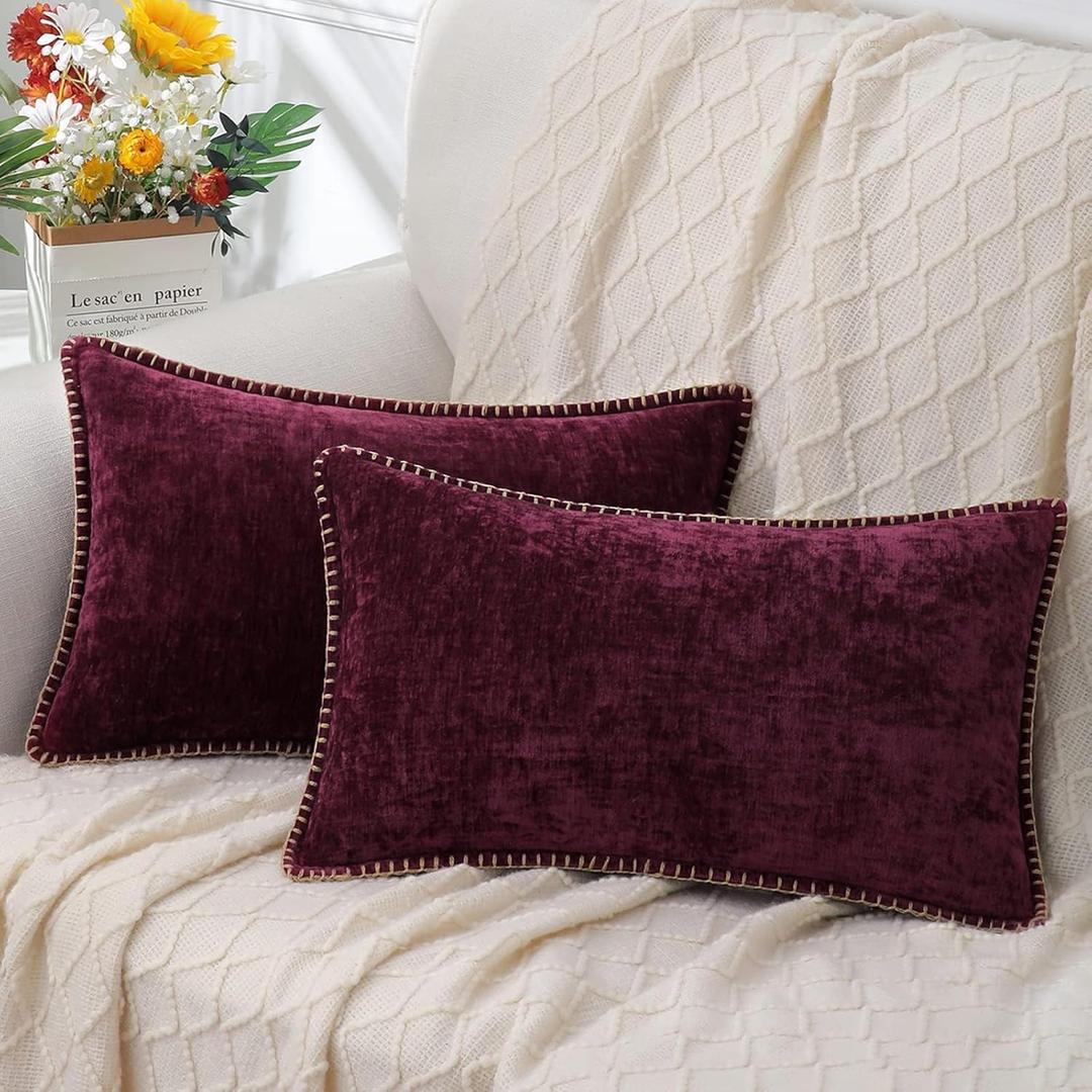decorUhome Chenille Soft Throw Pillow Covers 12x20 Set of 2, Lumbar Velvet Farmhouse Neutral Decorative Pillow Covers with Stitched Edge for Couch Sofa Bed Home Decor, Rhododendron