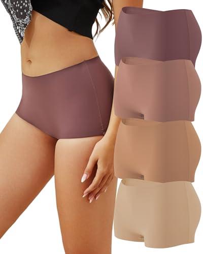 CUTE BYTE Womens Seamless Boy Shorts Underwear Soft Stretch No Show Boxer Shorts Briefs Panties for Ladies 4 Packs(4I,L) Pale Yellow