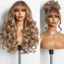 GORGIUS Highlight Wigs with Bang Body Wave Wig Natural Highlights Glueless Wavy Wig Crafted with Style-Archive Human-Hair-Like Premium Fiber, Realistic Look with True Scalp