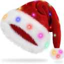 VAIZIQ Santa Hat Light Up Christmas Hats Adults For Women Adult Men,Unisex Red Velvet Comfort Xmas Hat Holiday New Year Festive Party Headwear