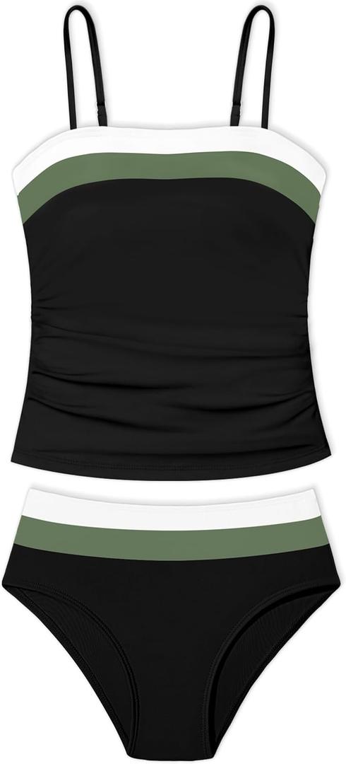 NAPU Girls Swimsuit Color Block Tankini Swimsuit Quick Dry 2 Piece Bathing Suit for Girls 9-16 Years Teens Swimwear Summer (13-14 Years, Black and Dark Green)