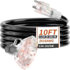 10 FT 16/3 Gauge Outdoor Extension Cord with Multiple Outlets Light Indicator, Flexible 3 Outlet Weatherproof Extension Cord Waterproof Black, 13A 1625W 16AWG SJTW, ETL Listed