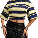 SOLY HUX Women's Color Block Striped Crop Top Half Sleeve Drop Shoulder Tees Oversized T-Shirts (Yellow, S)