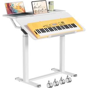 Rolling Standing Desk with Tilt Desktop, 35" 2-Tier Shelf White