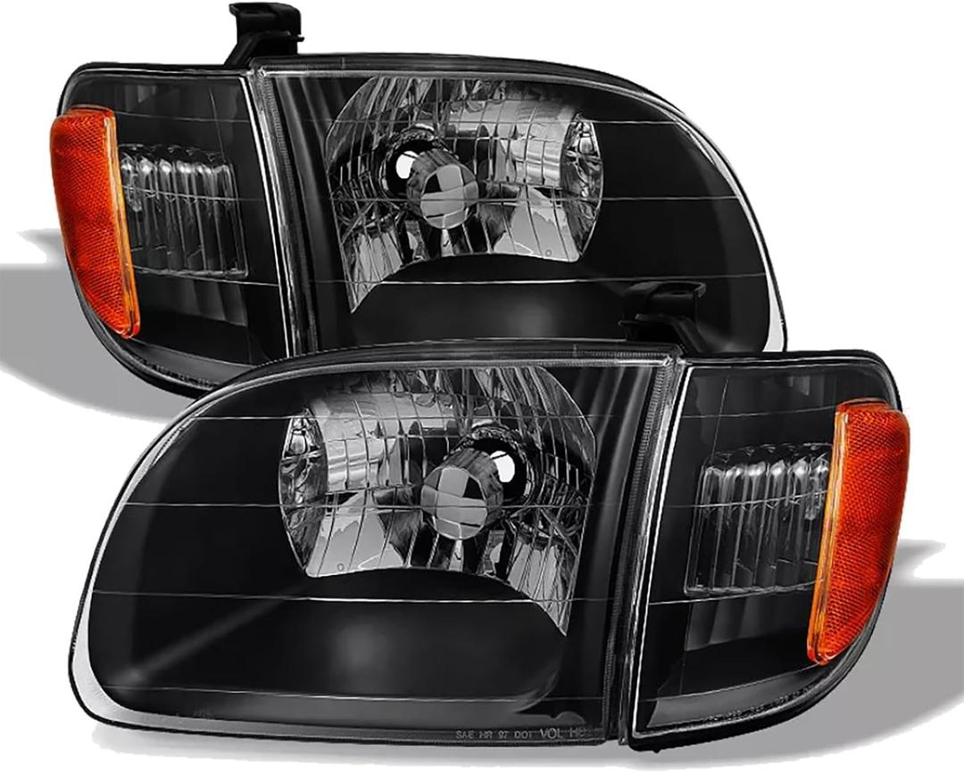Headlight Assembly Fit For 2000 2001 2002 2003 2004 Toyota Tundra Headlights + Parking Lights Lamps Black Housing Driver and Passenger Side TO2530135 TO2531135