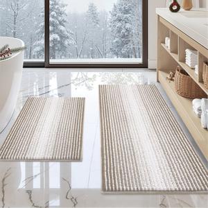 BSICPRO Bathroom Rugs and Mats Sets, 2 Piece Thick Absorbent Chenille Non Slip, Soft Shaggy Floor Mats, Machine Washable (Light Taupe, 20" x 47" Plus 16" x 24")