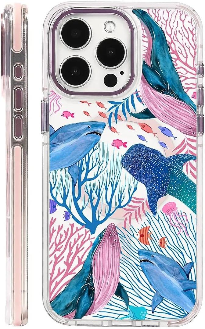 ZHEGAILIAN Case for iPhone 17, [Compatible with MagSafe] - Pink, Wireless Slim Clear Shockproof Protective Cover for Women Girl，Coral Jellyfish Whale Shark